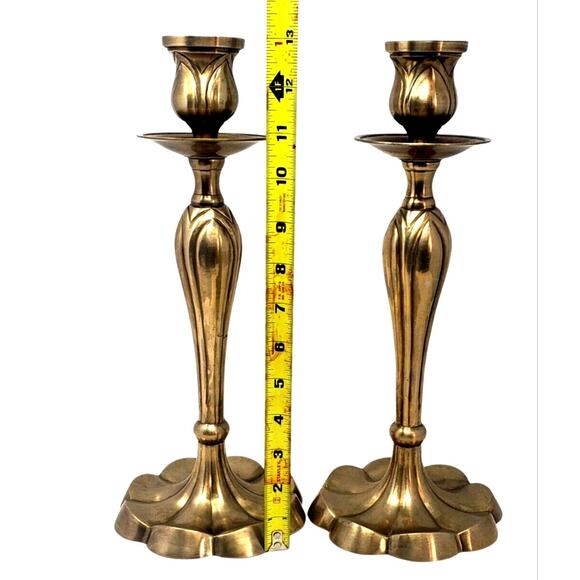 2 MCM Brass Candlesticks Holders Heavy 13" Tall Tapered Heavy Vtg Academia Goth - Picture 2 of 5